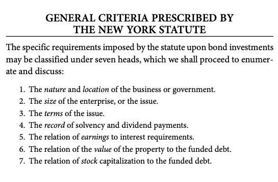 Security Analysis: Sixth Edition, Forword by Warren Buffett, Book Summary, General Criteria Prescribed By The New York Statute