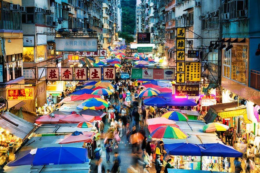 hong kong street market fa yuen street night time neon light view