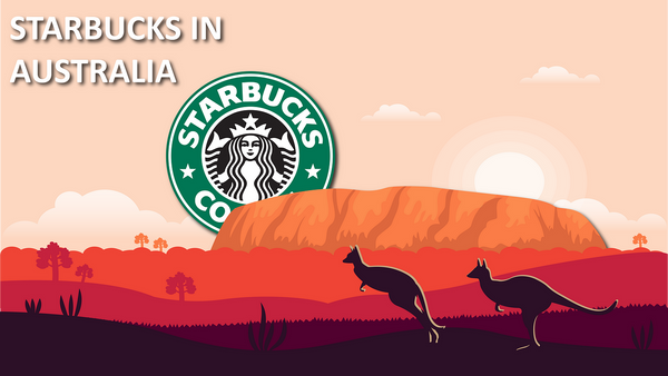 starbucks logo in central australia desert with kangeroo silhouettes in sunset background